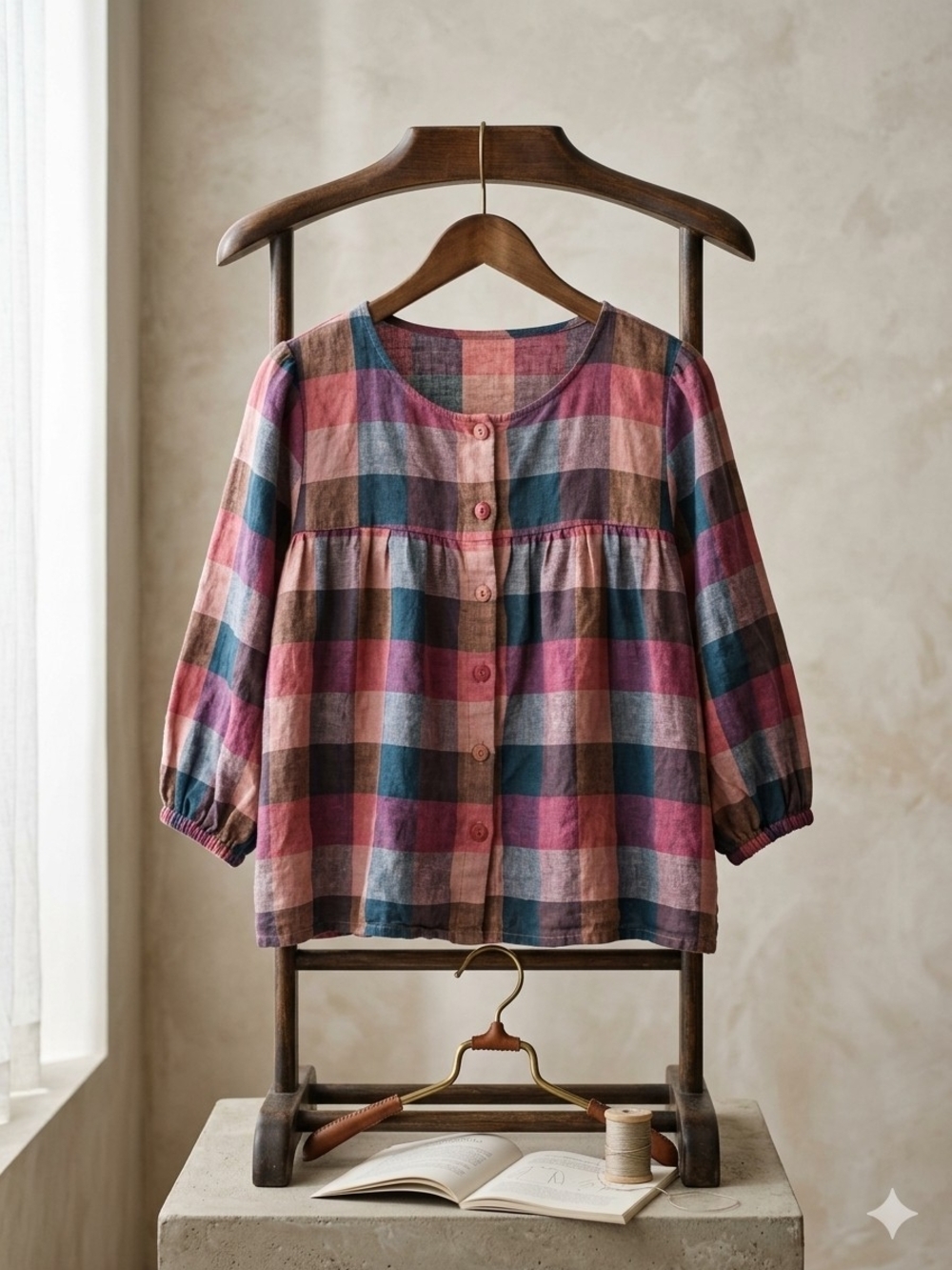 Plaid Rounded-Neck Button-Front Shirt in Pink and Blue